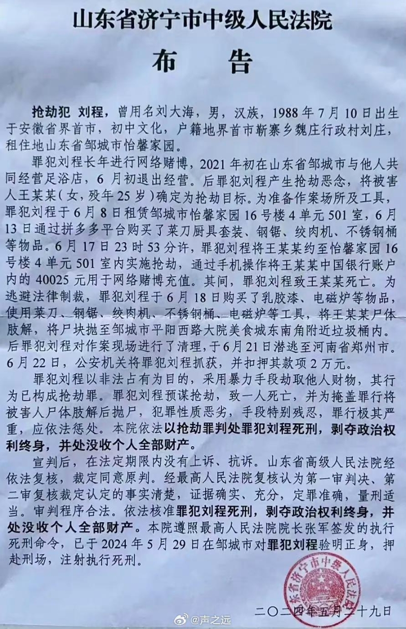 法院公告，搶劫犯劉程29日在鄒城被執(zhí)行死刑。