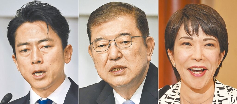 日本自民黨27日將舉行總裁選舉，小泉進(jìn)次郎（左起）、石破茂、高市早苗呈「三強(qiáng)鼎立」態(tài)勢(shì)。（美聯(lián)社）