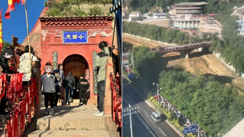 《黑神話：悟空》取景地之一的山西小西天昨日被游客逼爆。 影片截圖